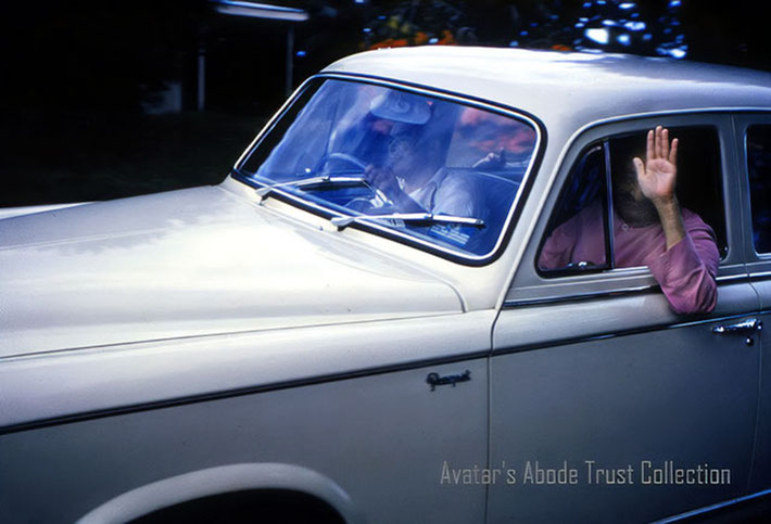 6 June 1958 : Meher Baba been driven in a Mid-1950s Peugot 403 w/4 doors car by John Bruford on Avatar's Abode, Queensland, Australia.