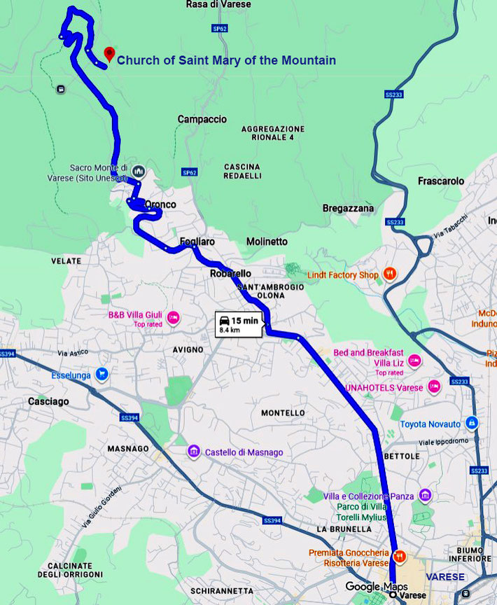Map shows the whole trip fro Varese to the church on the mountain.