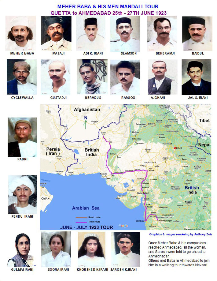 24th - 27th June 1923 : Meher Baba and his companions travelled from Quetta to Ahmedabad, where some were sent ahead to various places. Map graphics by Anthony Zois.