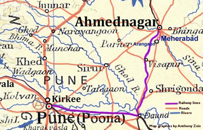 Map shows the train route from Ahmednagar to Poona. Map graphics by Anthony Zois.