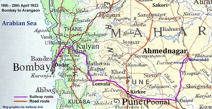 19-20th April 1923 : Bombay to Arangaon via Poona. Map graphics by Anthony Zois.