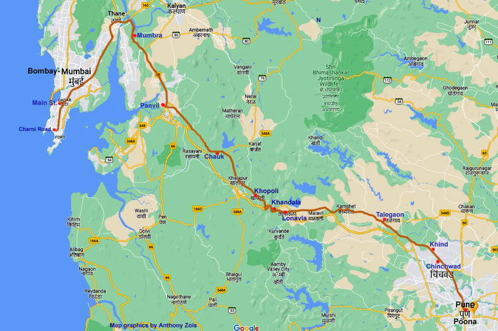 1922  : Map showing the route that Meher Baba & his male followers took from Poona to Bombay. Map graphics by Anthony Zois.