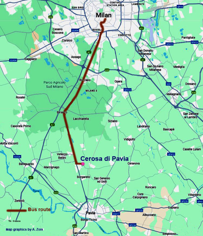 Milan-Pavia bus road map & return to Milan. Map graphics by Anthony Zois.