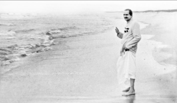 Meher Baba on the beach at Meher Center, 1956, with thanks to Steve and Duck Klein. Image was edited by Anthony Zois