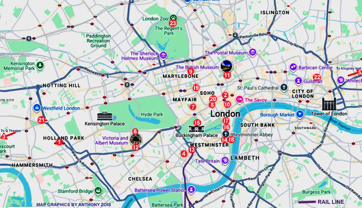Central London : Red markers show places Meher Baba visited. See table below.