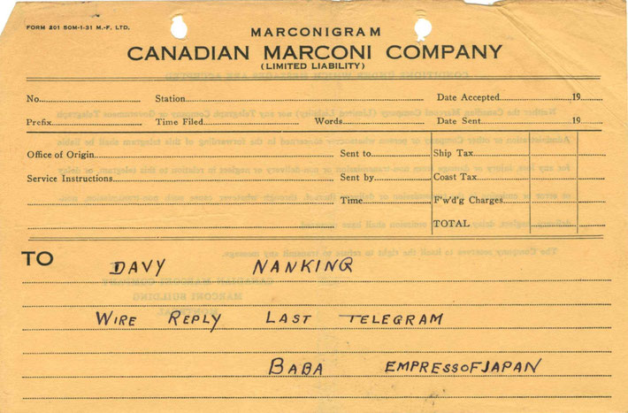 Ship wire message sent from the SS Empress of Japan Herbert Davy