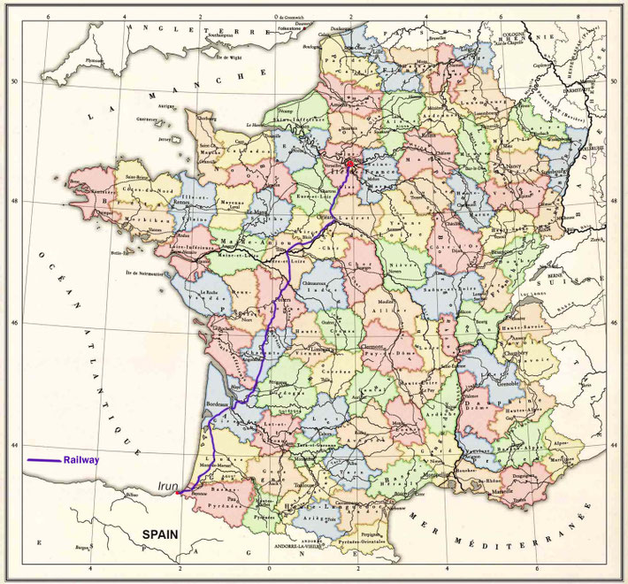 1933 : Map continues the journey it shows the route of the Sud Express train from Paris, France to Irun, Spain in late October 1933. Meher Baba's visit to Spain commenced here. Map graphics by A. Zois.