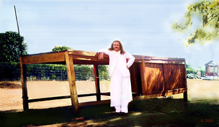 Meher Baba at the Table Cabin, Lower Meherabad, India. Image rendition by Anthony Zois.