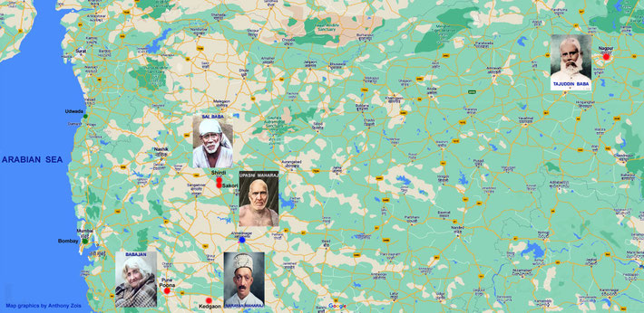  Locations of the 5 Perfect Masters who Awakened Merwan Irani ( Meher Baba ) in India. Map graphics by Anthony Zois.