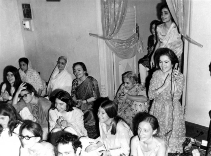 Women Mandali with western women at Guruprasad, Poona, India - 1969 — ( top left back ) with Amrit Irani, Maharani of Baroda, Mehera Irani, Khorshed Irani, Meheru & Mani Irani ( standing )- 2nd row top - Martha Aubin, Andrea Winzimer and MaryAnne Barnhart