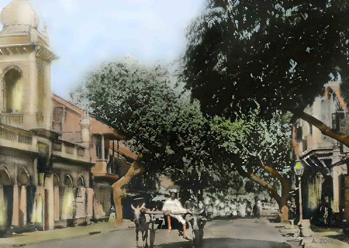 Postcard of Malcolm Tank Road in the 1910s in Poona. In the distance there is a crowd possibly gathering around Hazrat Babajan. It is here that she gave Merwan the kiss to his forehead which started His Advent. Original courtesy of Beloved Archives, NJ.