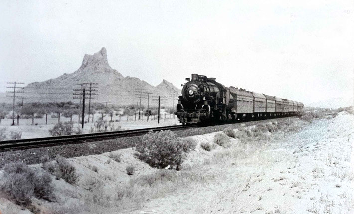 1930s ; The "Sunset" passing Picacho Peak landmark west of Tucson, AZ., on the "Golden State Limited" line.  Image from "Classic Trains Collection" magazine. Courtesy of Larry Karrasch.