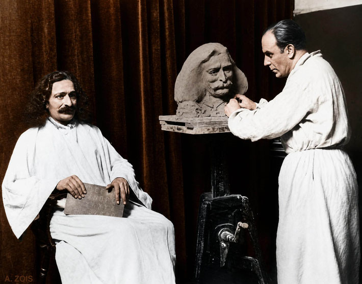 April 11th 1932 : Meher Baba in Edward Merretts Studio , having his bust done. Image rendition by Anthony Zois. BP
