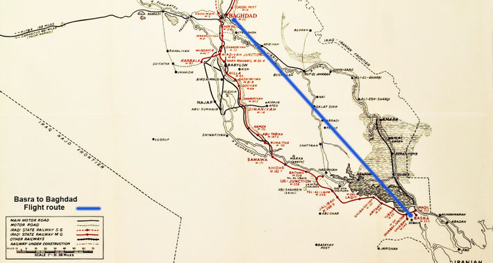 1930s map shows the flight path between Basra and Baghdad.
