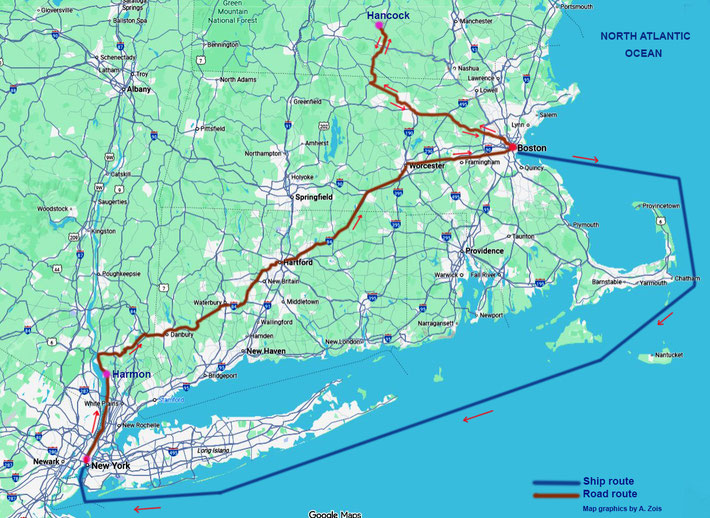 Map shows all the places travelled in the 1st visit to the U.S. The road to Harmon, then the road route to Boston, later to Hancock, return to Boston, then took a ship to New York City. Map graphics by Anthony Zois.