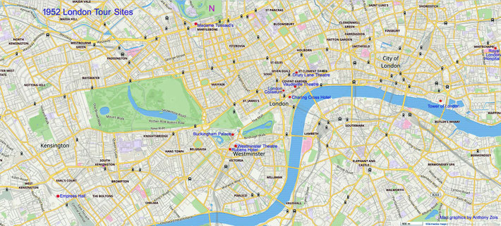 1952 : Central London tour sites. Map graphics by Anthony Zois.