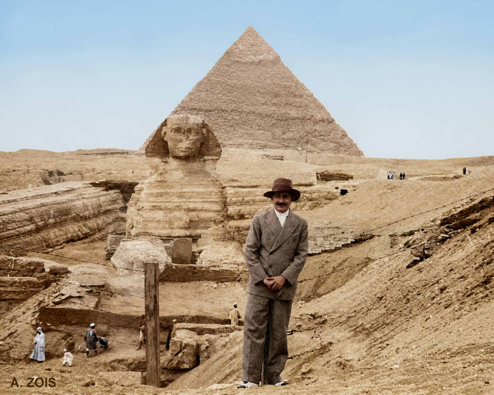 Meher Baba at The Sphinx & Pyramid of Chephrum at Gizeh, Cairo, Egypt - Jan.1st, 1933. Image rendered by Anthony Zois.