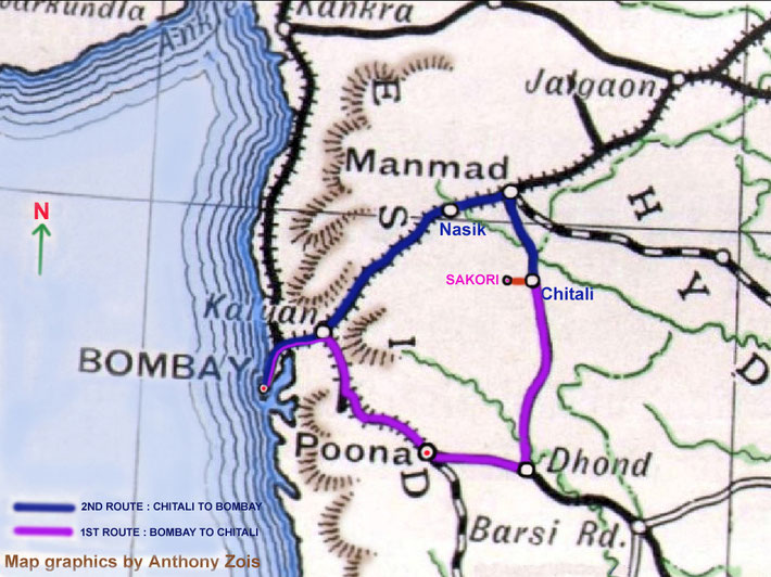 1922 : Bombay to Poona then to Chitali and return to Bomaby via Manmad. Map graphics by Anthony Zois.