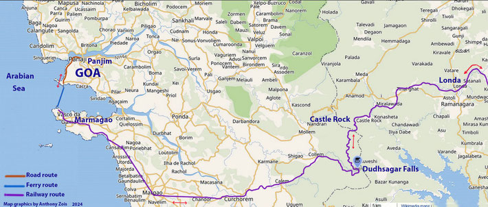 Map shows the various routes taken to get to Panjim, Goa. Map graphics by AnthonyZois.