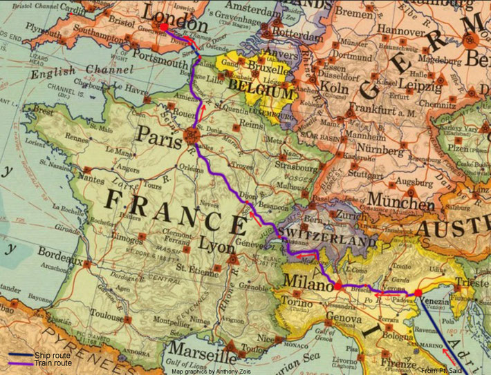 1932 : The Map shows the train route from Venice, Italy to London via Paris. Map graphics by Anthony Zois.