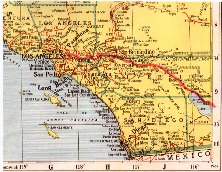 Southern California detail map of Meher Baba's train route to Los Angeles.