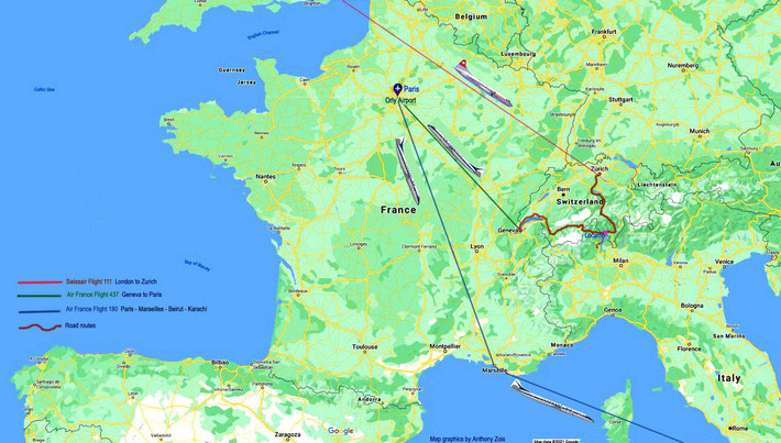 Click to enlarge  - 1952 : Detailed Eastward plane & road routes through Europe heading to India. Map graphics by Anthony Zois.