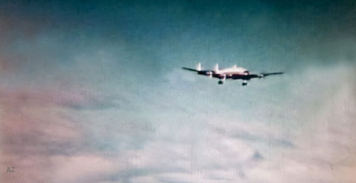 Meher Baba's PAA ( Pan American Airways ) Constellation aeroplane just before landing at Mascot Airport, Sydney. Image was captured by Anthony Zois from the film "Avatar in Australia".