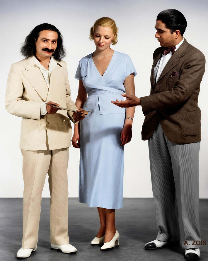 1932 : Meher Baba in Hollywood, CA with actors Virginia Bruce and Lal Chand Mehraand. Image rendition by Anthony Zois. BP