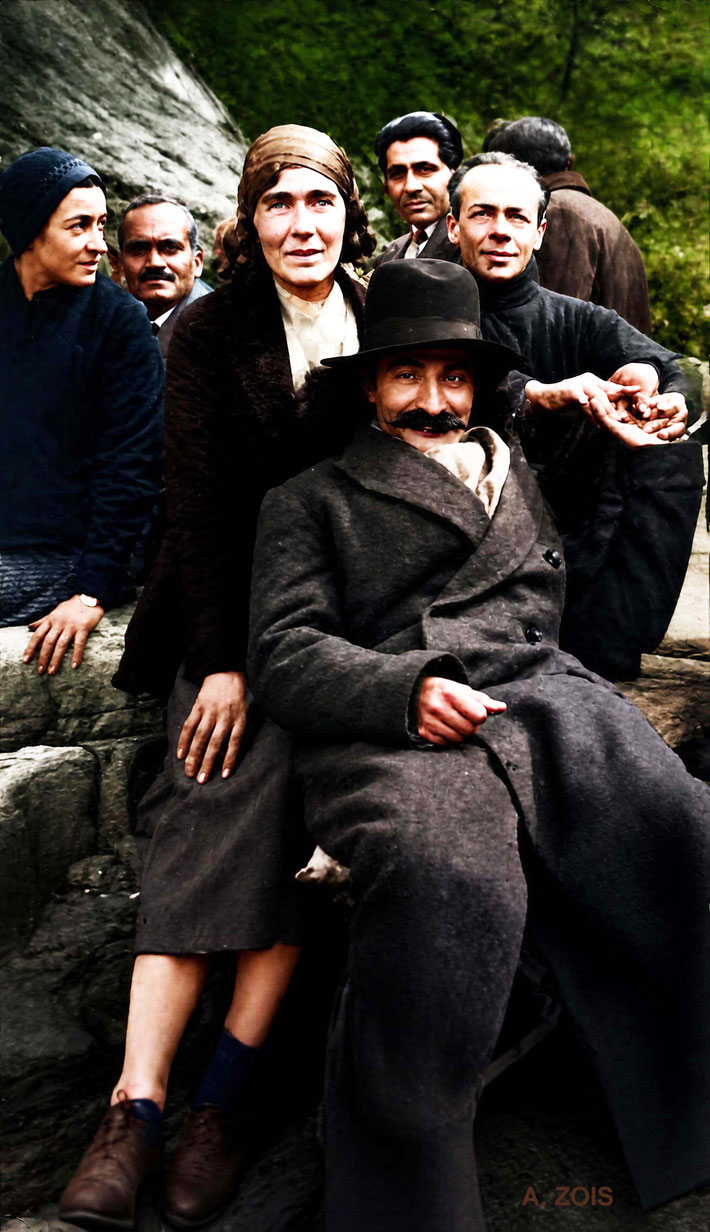 April 1932. Meher Baba with (L-R) Delia De Leon, Ghani Munsiff, Margaret Starr, Adi K. Irani, Quentin Tod at East Chalacombe, England. Image rendition by Anthony Zois.