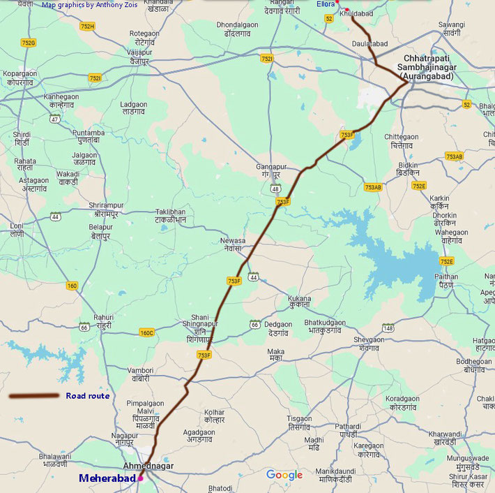 Map shows to whole route between Meherabad & Khuldabad, India. Map graphics by Anthony Zois.