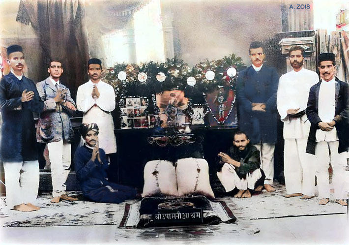Feb. 1922 : Meher Baba and his followers in the temple room at Kasha Peth. Baba is seated - left. Image rendition by Anthony Zois.