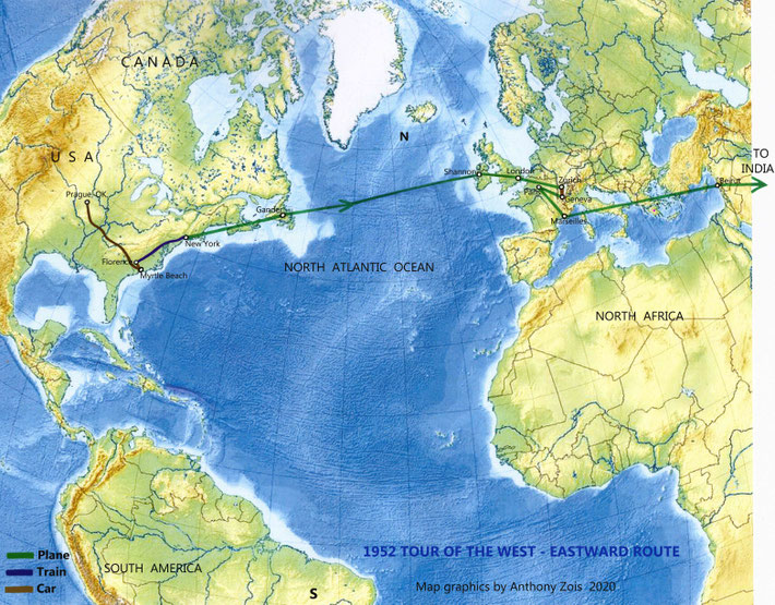 MAP 4 : 1952  Map shows Meher Baba's Eastbound route back to India from the West - 1st part