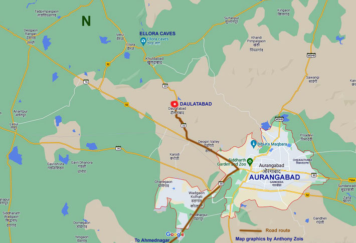 Map shows the road route going through Aurangabad to Daulatabad. Map graphics by Anthony Zois.