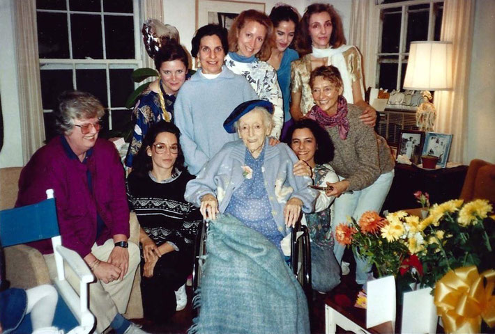 Margaret Craske's birthday with Ann Conlon (L), Debbie Kramer, Sally Haviland, Yvonne Riley, Malinda McCulloch, Dana Ferry, Beth Riger, Ambika-Barbara at Happy House on the Meher Spiritual Center, Myrtle Beach,SC., Nov.26 1989