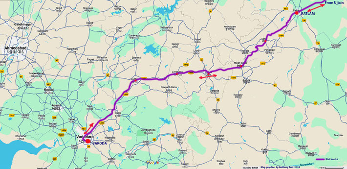 Map shows the rail journey between Ratlam & Baroda. Map graphics by Anthony Zois.