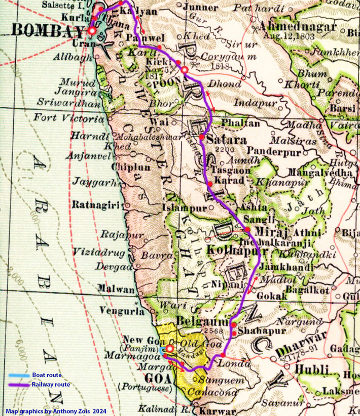 The map shows the rail route from Bombay to Marmagoa, Goa via Poona. Map graphics by Anthony Zois.