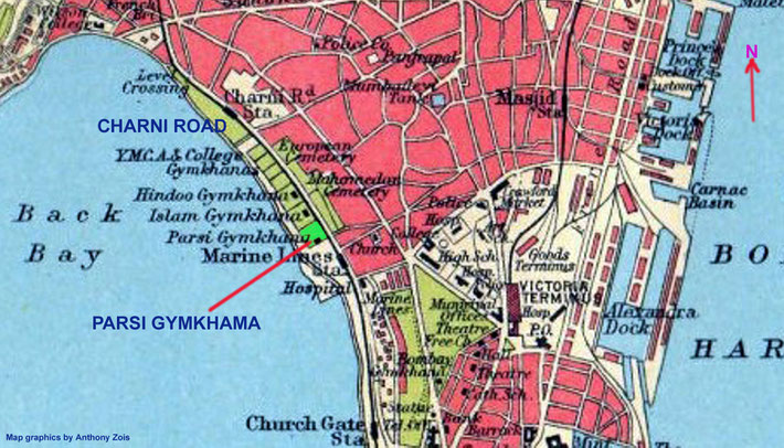 1922 : Map showing the location of Charni Road & the Parsi Gymkhana grounds in Bombay.