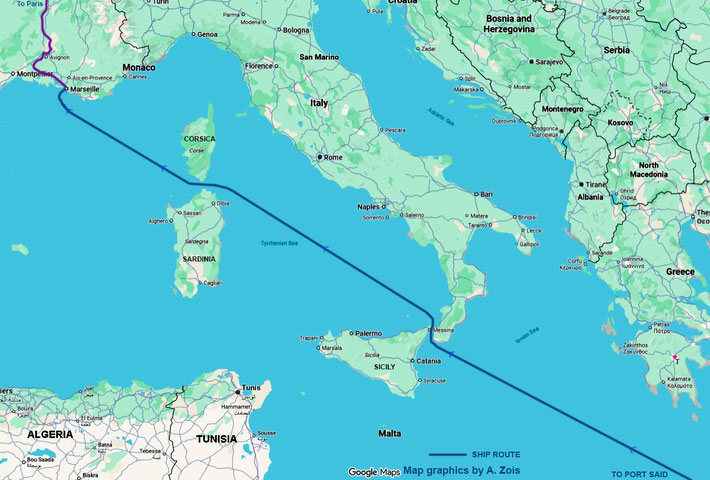 1931 : Map shows the SS Rajputana took from Port Said, Egypt to Marseilles, France via the Straits of Messina. Then by train to Paris & London. Map graphics by Anthony Zois.