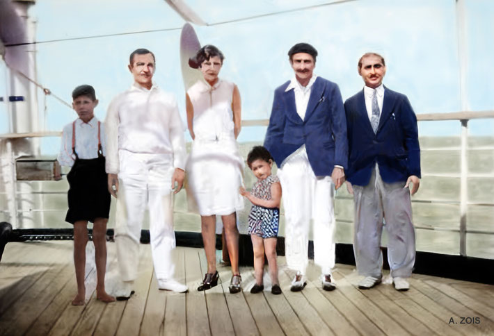 1933 : Gustadji with Meher Baba & Christine McNaughton travelling on a ship. Image colourized by Anthony Zois.