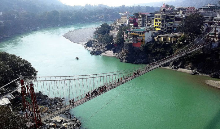 Rishikesh with the the Lakshma Jhula Bridge & the Ganges River.