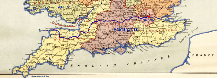 The map of South England shows the road route taken by Meher Baba from London to East Challacombe, Devon. Map graphics by A. Zois.