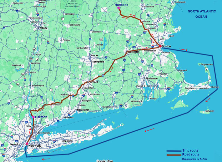 Map shows all the places travelled in the 1st visit to the U.S. The road to Harmon, then the road route to Boston, later to Hancock, return to Boston, then took a ship to New York City. Map graphics by Anthony Zois.