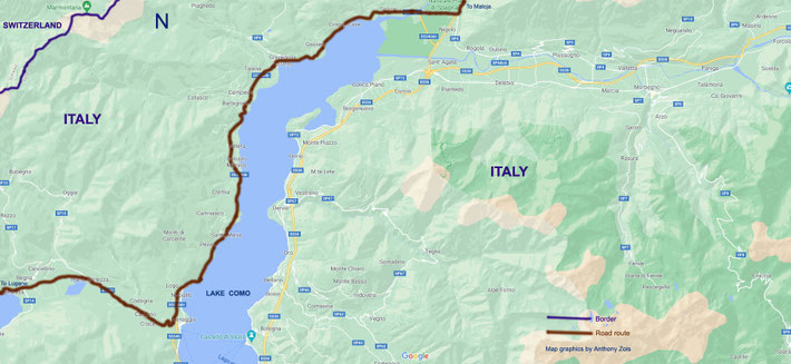 Map 3 : Detailed road route to Maloja, Switzerland via Lugano & Lake Como. Map graphics by Anthony Zois.