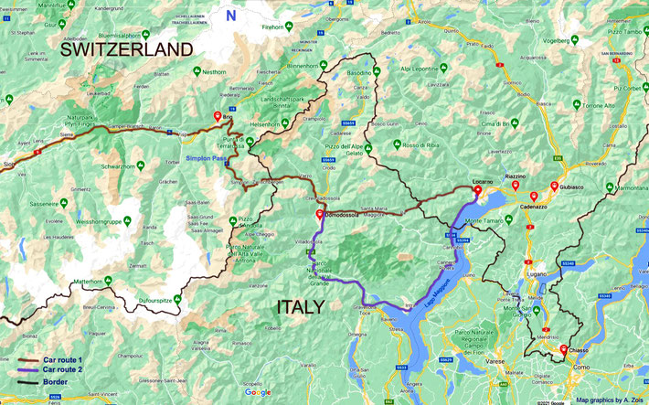 Map 2 : Detail view showing the 1st part of the route from Lucarno to Geneva. Map graphics by Anthony Zois.