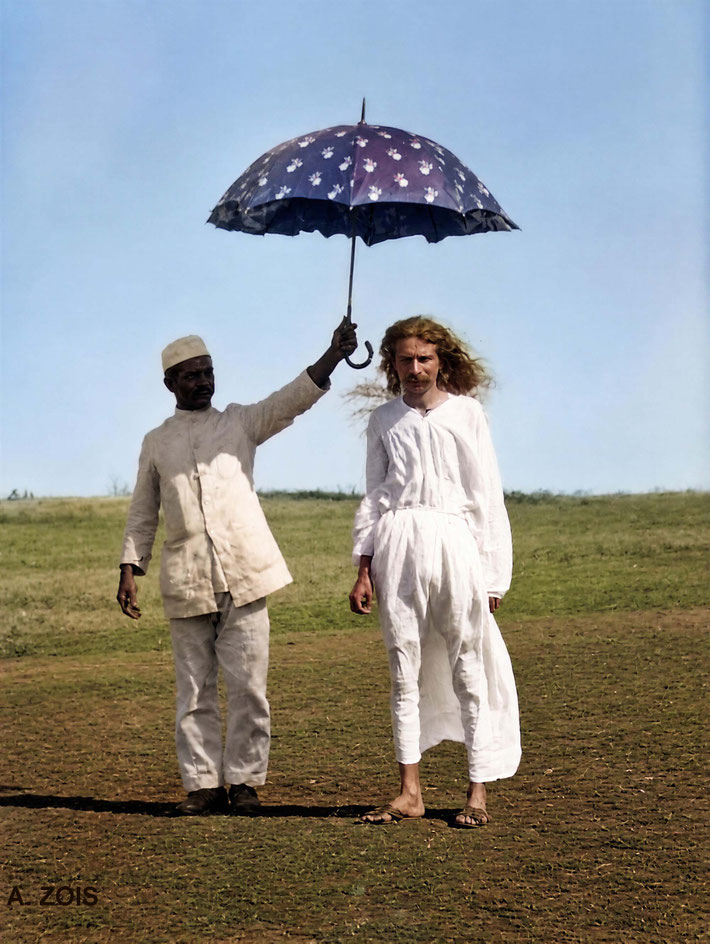 1925 : Meher Baba with Naosherwan Sathar holding the umbrella at Meherabad, India. Image rendition by Anthony Zois. BP