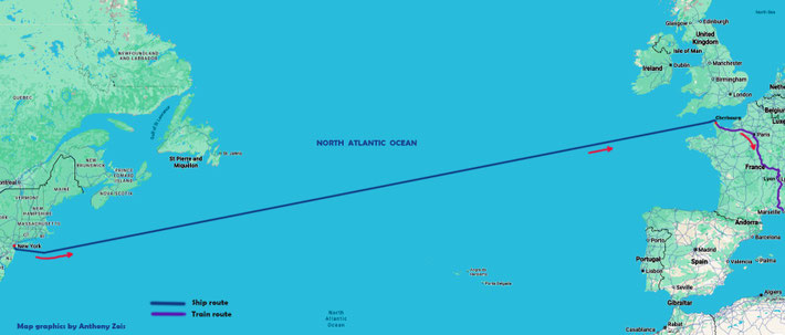 Map shows the ship route from New York to Cherbourg, France, then train to Paris then Marseilles. Map graphics by Anthony Zois.