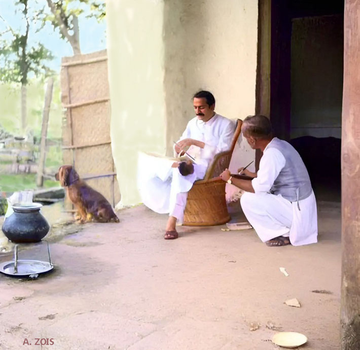 1938 : Meher Baba dictating to Dr. Ghani. Image rendition by Anthony Zois.