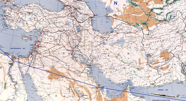 1952 Map showing the Westward route through the Middle-East from Bombay. Map graphics by Anthony Zois.