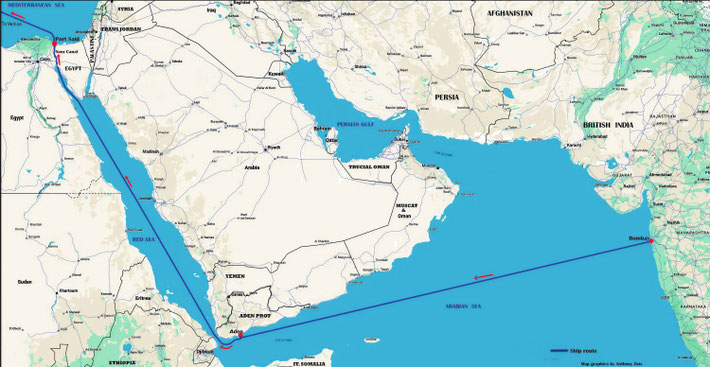 1932 Map shows the ship route from Bombay, India to Port Said, Egypt. Map graphics by Anthony Zois.