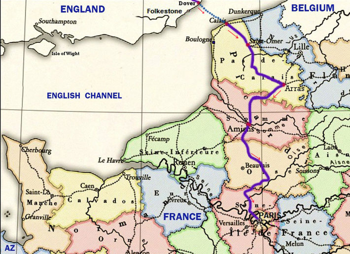 Close up map showing the ferry & train routes that Meher Baba took from Dover to Calais then train to Paris. Map graphics by A. Zois.